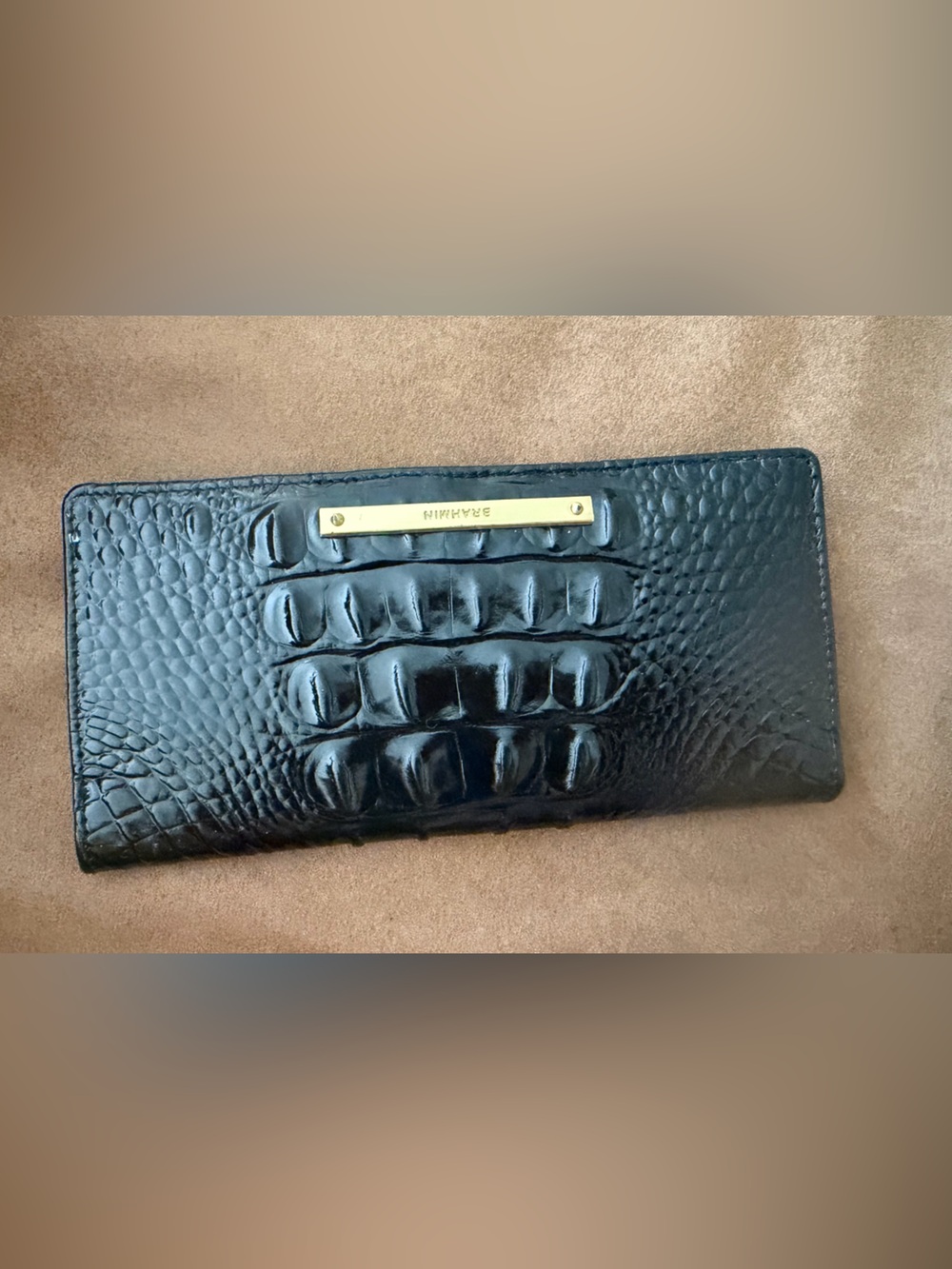 Brahmin Black Croc-Embossed ID Wallet with Gold Snap